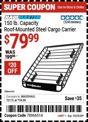 Harbor Freight Coupons, HF Coupons, 20% off - 150 Lb. Roof Cargo Carrier