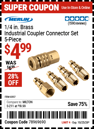 Harbor Freight Coupons, HF Coupons, 20% off - 5 Piece Brass Industrial Coupler Connector Kit