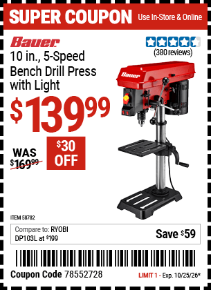 Harbor Freight Coupons, HF Coupons, 20% off - BAUER 10 in., 5-Speed Bench Drill Press with Light for $139.99