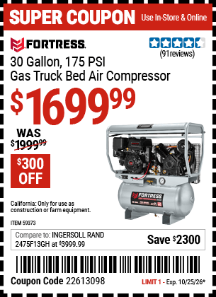 Harbor Freight Coupons, HF Coupons, 20% off - FORTRESS 30 Gallon, 175 PSI High Performance Gas Truck Bed Jobsite Air Compressor for $1699.99