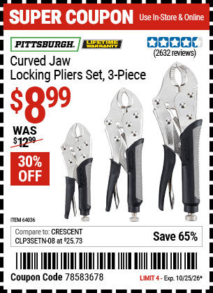 Harbor Freight Coupons, HF Coupons, 20% off - 3 Piece Curved Jaw Locking Pliers Set