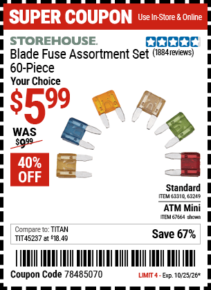 Harbor Freight Coupons, HF Coupons, 20% off - 60 Piece Blade Fuse Sets
