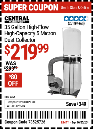 Harbor Freight Coupons, HF Coupons, 20% off - CENTRAL MACHINERY 35 Gallon, 2 HP High-Flow High-Capacity Dust Collector for $199.99