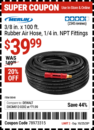 Harbor Freight Coupons, HF Coupons, 20% off - MERLIN 3/8 in. x 100 ft. Rubber Air Hose for $39.99