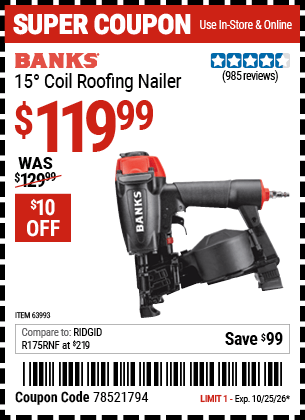 Harbor Freight Coupons, HF Coupons, 20% off - Banks 15deg. Coil Roofing Nailer