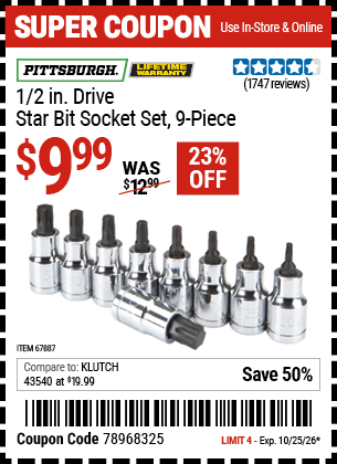 Harbor Freight Coupons, HF Coupons, 20% off - 1/2 in. Drive Star Bit Socket Set, 9 Pc.