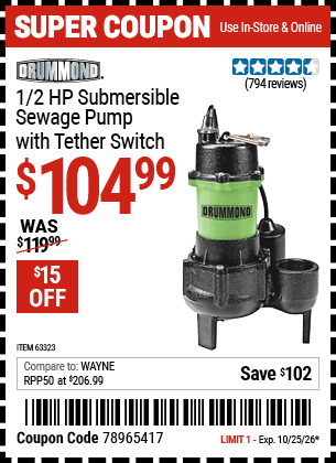 Harbor Freight Coupons, HF Coupons, 20% off - 1/2 HP Submersible Sewage Pump with Tether Switch