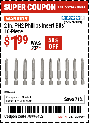 Harbor Freight Coupons, HF Coupons, 20% off - 10 Piece, 2' Ph2 Phillips Insert Bits