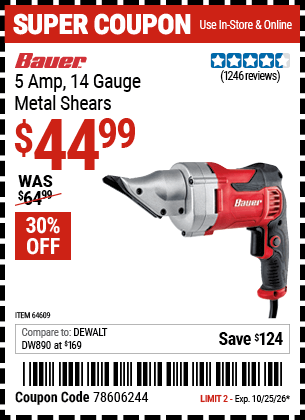Harbor Freight Coupons, HF Coupons, 20% off - 14 Guage, 5 Amp Swivel Head Shears