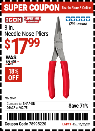 Harbor Freight Coupons, HF Coupons, 20% off - ICON 8 in. Needle Nose Pliers for $14.99