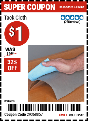 Harbor Freight Coupons, HF Coupons, 20% off - Tack Cloth for $0.89