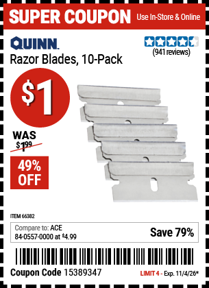 Harbor Freight Coupons, HF Coupons, 20% off - QUINN Razor Blades, 10-Pack for $0.99