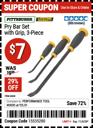 Harbor Freight Coupons, HF Coupons, 20% off - 3 Piece Pry Bar Set
