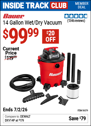 Harbor Freight Coupons, HF Coupons, 20% off - BAUER 14 Gallon Wet/Dry Vacuum for $89.99
