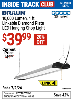 Harbor Freight Coupons, HF Coupons, 20% off - 10,000 Lumen 4 Ft. Linkable Diamond Plate LED Hanging Shop Light