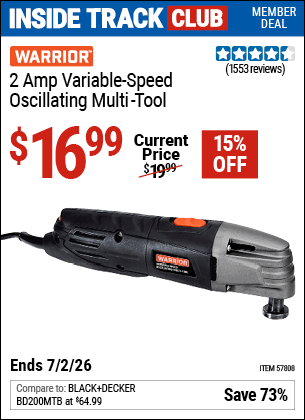 Harbor Freight Coupons, HF Coupons, 20% off - WARRIOR 2 Amp Variable Speed Oscillating Multi-Tool 