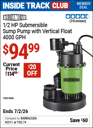 Harbor Freight Coupons, HF Coupons, 20% off - DRUMMOND 1/2 HP Submersible Sump Pump with Vertical Float for $99.99