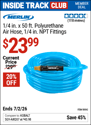 Harbor Freight Coupons, HF Coupons, 20% off - MERLIN 1/4 in. x 50 ft. Poly Air Hose for $19.99