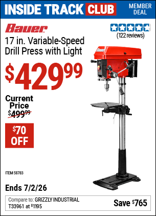 Harbor Freight Coupons, HF Coupons, 20% off - BAUER 17 in. Variable-Speed Drill Press with Light 