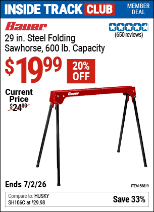 Harbor Freight Coupons, HF Coupons, 20% off - BAUER 600 lb. Capacity Folding Steel Sawhorse 