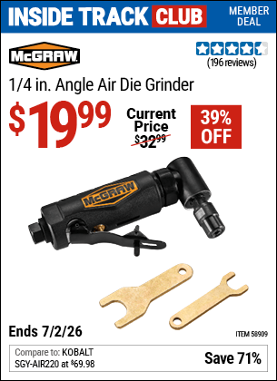 Harbor Freight Coupons, HF Coupons, 20% off - MCGRAW Pneumatic 1/4 in. Angle Die Grinder for $22.49