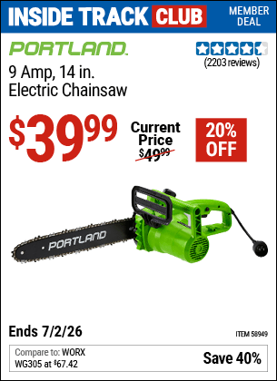 Harbor Freight Coupons, HF Coupons, 20% off - PORTLAND 9 Amp 14 in. Electric Chainsaw 