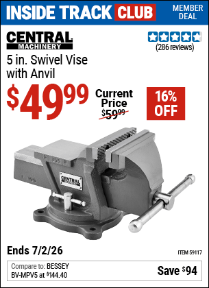 Harbor Freight Coupons, HF Coupons, 20% off - CENTRAL MACHINERY 5 in. Swivel Vise with Anvil for $49.99