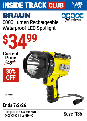 Harbor Freight Coupons, HF Coupons, 20% off - BRAUN 6000 Lumen Rechargeable Waterpoof LED Spotlight for $42.99