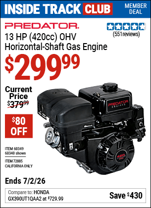 Harbor Freight Coupons, HF Coupons, 20% off - 13 Hp (420 Cc) Ohv Horizontal Shaft Gas Engines