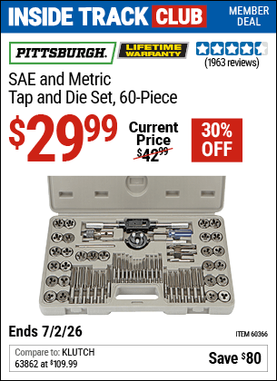 Harbor Freight Coupons, HF Coupons, 20% off - 60 Piece Sae And Metric Tap And Die Set