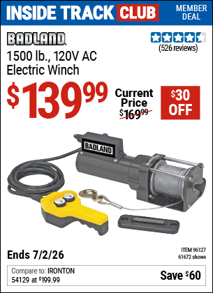 Harbor Freight Coupons, HF Coupons, 20% off - 1500 Lb. Capacity 120 Volt Ac Electric Winch