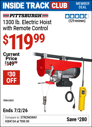 Harbor Freight Coupons, HF Coupons, 20% off - PITTSBURGH AUTOMOTIVE 1300 lb. Electric Hoist with Remote Control for $144.99