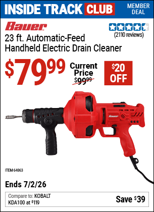 Harbor Freight Coupons, HF Coupons, 20% off - Bauer 23 Ft Auto Feed Handheld Electric Drain Cleaner