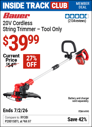 Harbor Freight Coupons, HF Coupons, 20% off - BAUER 20V Hypermax Lithium Cordless String Trimmer for $39.99