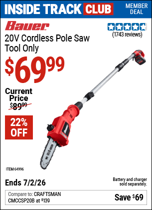 Harbor Freight Coupons, HF Coupons, 20% off - BAUER 20v Hypermax Lithium Cordless Pole Saw - Tool Only