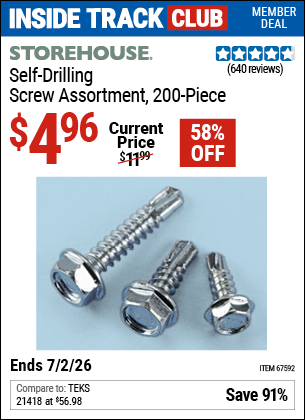 Harbor Freight Coupons, HF Coupons, 20% off - 200 Piece Self-drilling Screw Assortment
