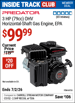 Harbor Freight Coupons, HF Coupons, 20% off - 3 Hp (79 Cc) Ohv Horizontal Shaft Gas Engine