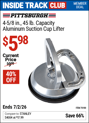 Harbor Freight Coupons, HF Coupons, 20% off - PITTSBURGH 4-5/8 in. Aluminum Suction Cup Lifter for $5.69