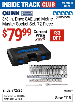 Harbor Freight Coupons, HF Coupons, 20% off - QUINN 3/8 in. Drive, SAE and Metric Master Socket Set, 72-Piece for $99.99