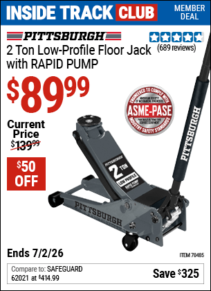 Harbor Freight Coupons, HF Coupons, 20% off - PITTSBURGH 2 Ton Low-Profile Floor Jack with RAPID PUMP for $109.99