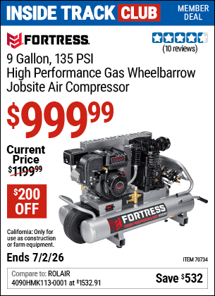 Harbor Freight Coupons, HF Coupons, 20% off - FORTRESS 9 Gallon, 135 PSI High Performance Gas Wheelbarrow Jobsite Air Compressor for $999.99