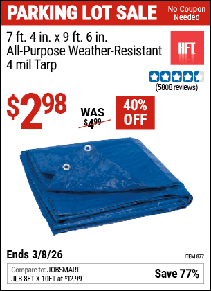 Harbor Freight Coupons, HF Coupons, 20% off - HFT 7 ft. 4 in. x 9 ft. 6 in. Blue All Purpose/Weather Resistant Tarp for $2.99