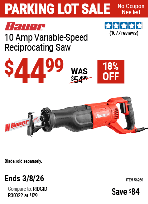 Harbor Freight Coupons, HF Coupons, 20% off - Bauer 10 Amp Variable Speed Reciprocating Saw
