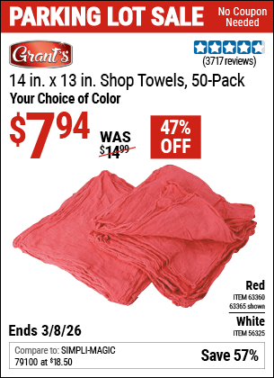 Harbor Freight Coupons, HF Coupons, 20% off - 14 in. x 13 in. White Shop Towels, 50 Pk.