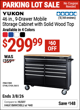 Harbor Freight Coupons, HF Coupons, 20% off - YUKON 46 in. 9-Drawer Mobile Storage Cabinet with Solid Wood Top 