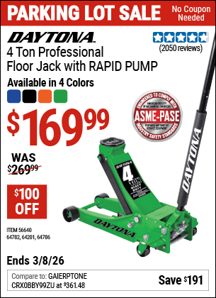 Harbor Freight Coupons, HF Coupons, 20% off - DAYTONA 4 Ton Professional Rapid Pump Floor Jack for $159.99