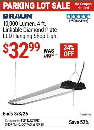 Harbor Freight Coupons, HF Coupons, 20% off - 10,000 Lumen 4 Ft. Linkable Diamond Plate LED Hanging Shop Light