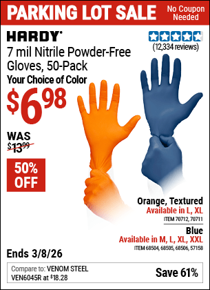 Harbor Freight Coupons, HF Coupons, 20% off - 7 mil Nitrile Powder-Free Gloves, 50 Pc. XX-Large