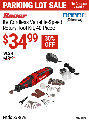 Harbor Freight Coupons, HF Coupons, 20% off - BAUER 8V Cordless Variable Speed Rotary Tool Kit 