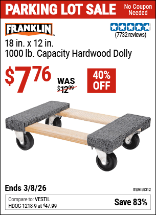 Harbor Freight Coupons, HF Coupons, 20% off - FRANKLIN 18 in. x 12 in. 1000 lb. Capacity Hardwood Dolly 